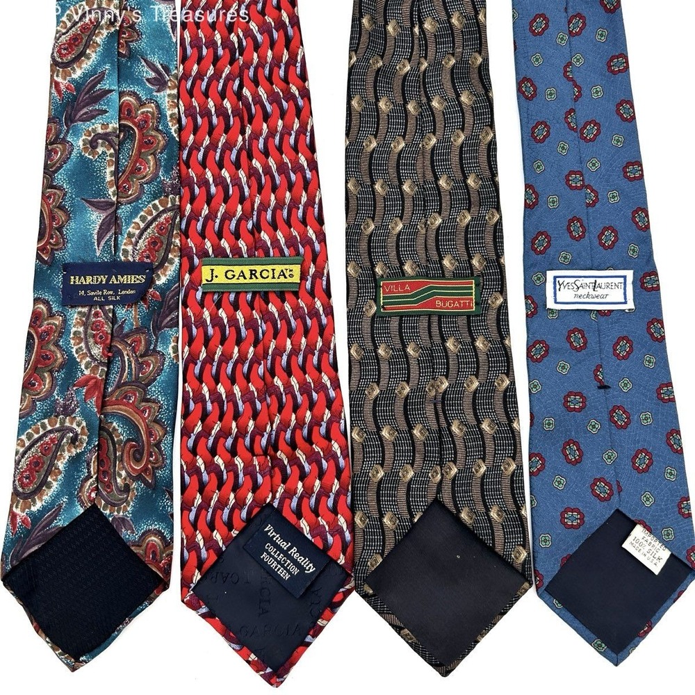 VTG Set of 4 Designer Luxury 100% Silk Ties Novelty Lot 90s 80s YSL, Bugati, Etc